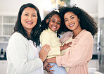 Portrait of lgbt family, women with child and love in multiracial relationship with happy adoption. Diversity, pride and mothers with girl, lesbian couple with smile, support and loving home together