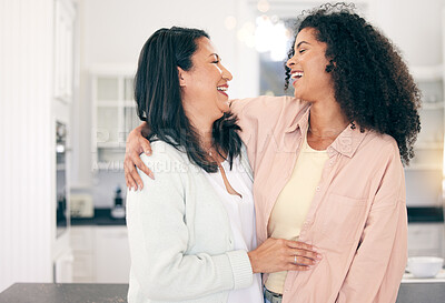 Buy stock photo Love, mother and daughter hug, quality time and happiness for bonding, relax and cheerful. Family, mother and female adult child embrace, joyful and living together in home, smile and weekend break