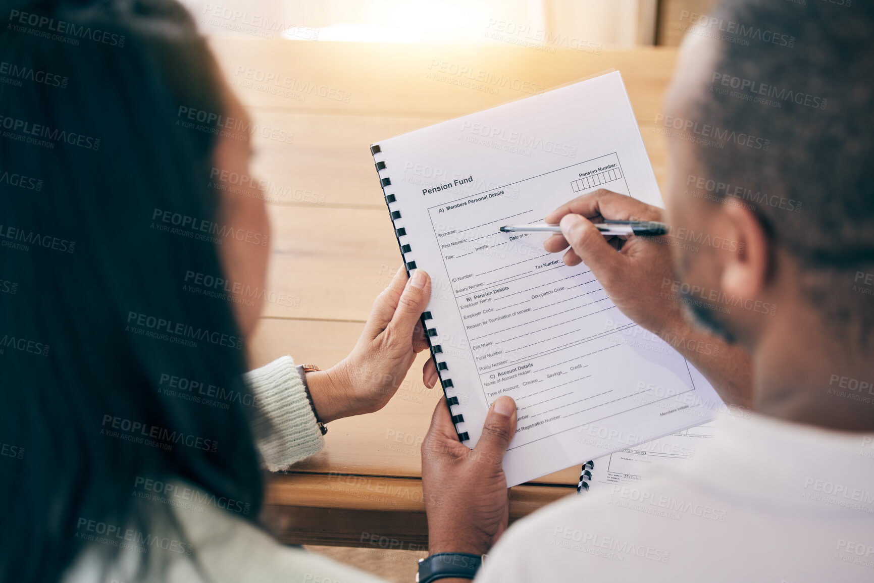 Buy stock photo Couple, hands and form for pension fund, retirement plan or reading document together for funding at home. Man and woman with pen writing or filling in application as pensioner for old age allowance