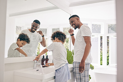 Buy stock photo Brushing teeth, father smile and healthy morning routine in a bathroom sink with a dad and child. Hygiene, kid and dada together in a house with toothbrush and youth doing self care for dental