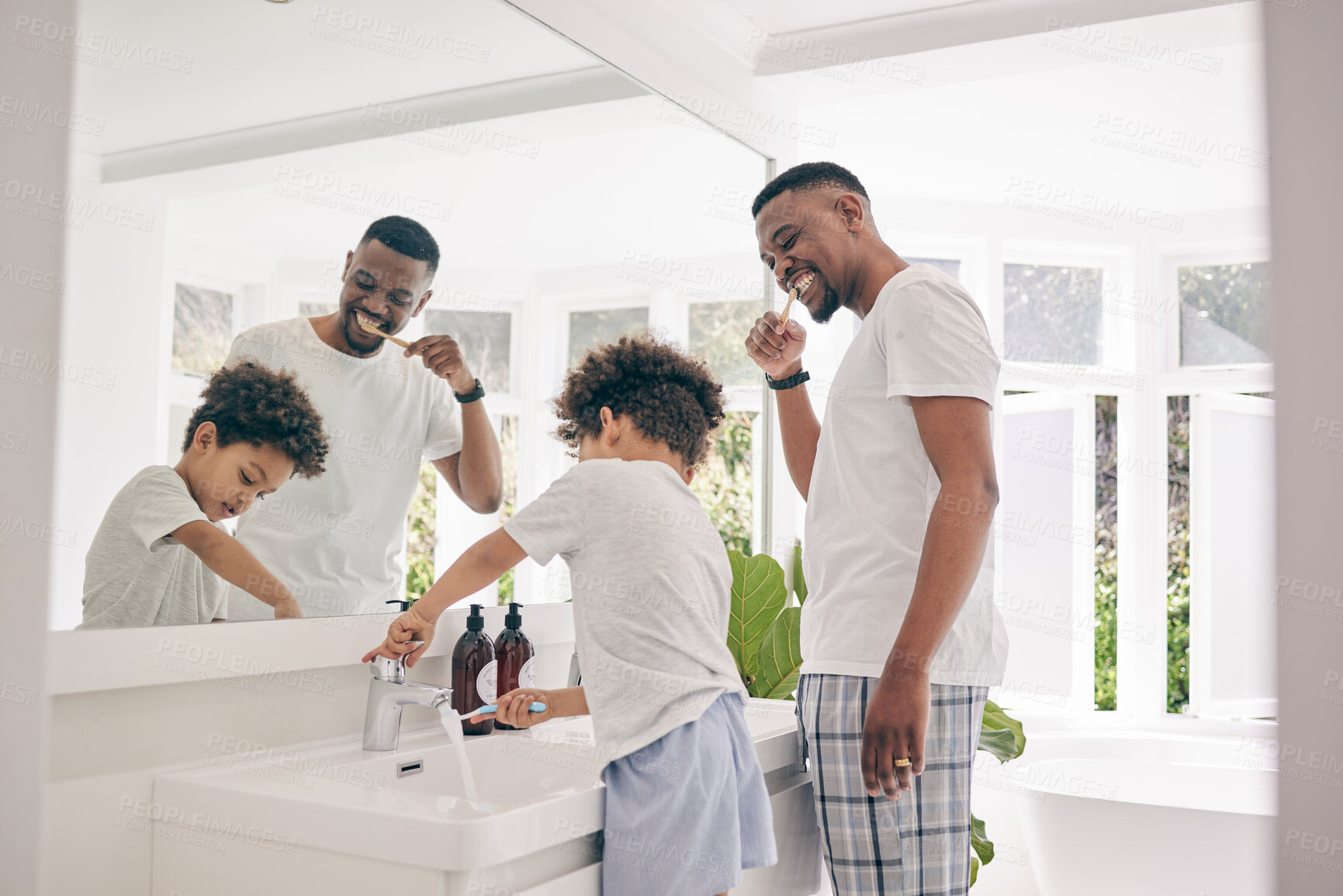 Buy stock photo Brushing teeth, father smile and healthy morning routine in a bathroom sink with a dad and child. Hygiene, kid and dada together in a house with toothbrush and youth doing self care for dental