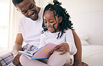 Black family, children and a father reading to his daughter in the bedroom of their home together for storytelling. Kids, education or books with a man and girl child sitting on the bed to read