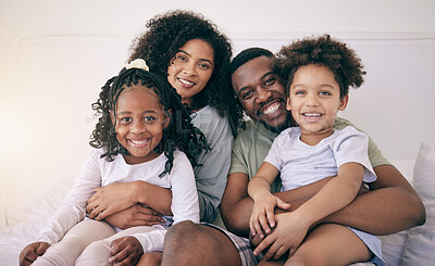 Buy stock photo Black family, happiness and portrait of a mother, father and girl children on a bed with a smile. Bedroom, home and happy kids with parent love and support from mama and dad together in the morning