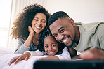 Selfie, smile and black family relax in bed, happy and bonding while posing in their home. Love, girl and parents in a bedroom, resting and having fun, joy and cheerful for photo or profile picture