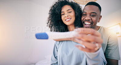 Buy stock photo Pregnancy test, woman hands and happy black couple in a home with a smile from baby news. Support, care and marriage of a young and new mother and dad together feeling love with pregnant female