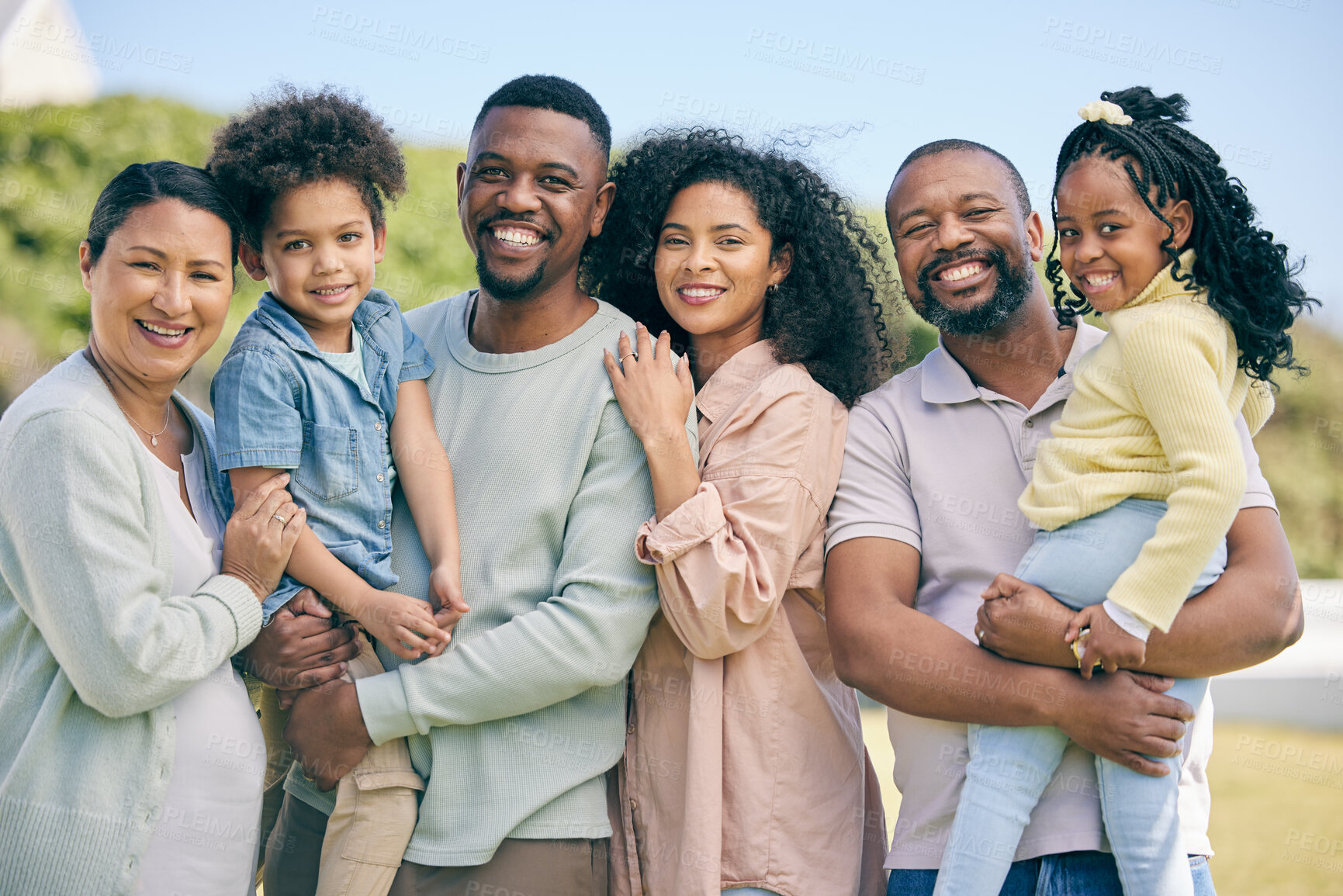 Buy stock photo Portrait of grandparents, parents and children in garden for bonding, quality time and relax together. Black family, love and happy mother, father and kids enjoy holiday, summer vacation and weekend