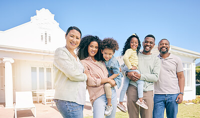 Buy stock photo Portrait of generations of black family outside new home, real estate, investment and mortgage with security. Grandparents, parents and children standing together, homeowners with smile and happiness