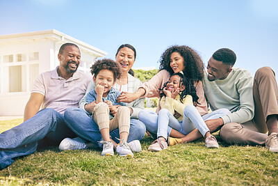 Buy stock photo Family, outdoor and generations, relax together on grass with happiness, grandparents and parents with children. Happy people, summer and sitting on lawn, love and care with bonding and smile