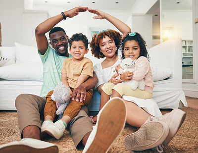 Buy stock photo Family, security and insurance with parents and children in portrait, hands together for roof with shelter and safety. Black man, woman and kids, together and love with care, cover for home and life