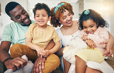 Buy stock photo Black family, smile and living room sofa with bonding, parent love and care in home. Lounge, happiness and children with mom and dad together feeling happy with a hug on a couch with mama and dada