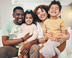 Black family, home portrait and living room sofa of mama, father and children with happiness. Happy, smile and bonding of a mom, dad and young kids together having fun with parent love and support