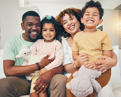 Buy stock photo Black family, home portrait and living room sofa of mama, father and children with happiness. Happy, smile and bonding of a mom, dad and young kids together having fun with parent love and support