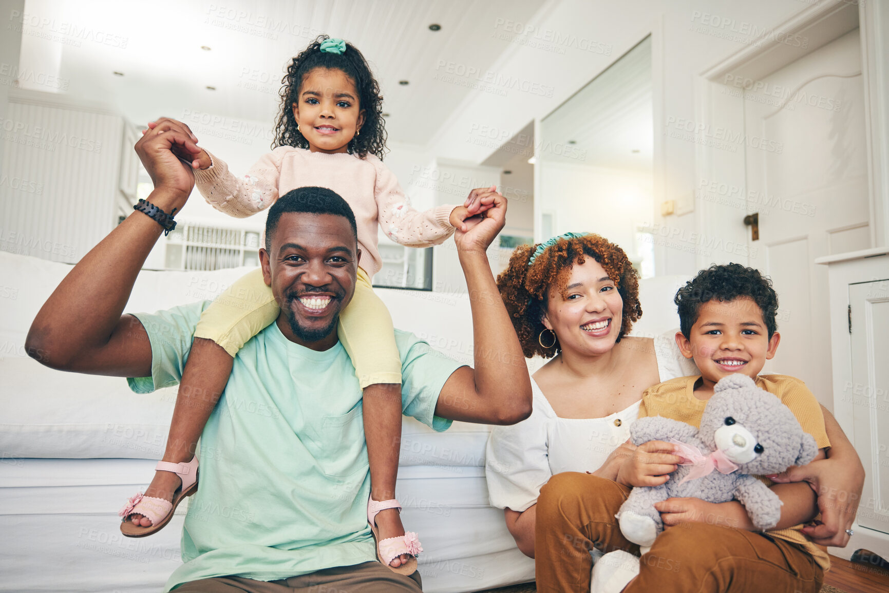 Buy stock photo Black family, portrait and living room sofa of a mother, father and children with happiness. Happy, smile and bonding of a mom, dad and young kids together having fun with parent love and support