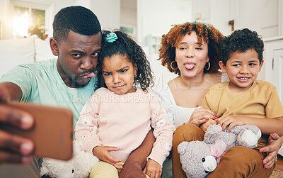 Buy stock photo Love, silly and selfie of happy black family bonding, relax or enjoy quality time together on Jamaica holiday. Youth children, parents and memory photo of crazy kids, mother and father on vacation