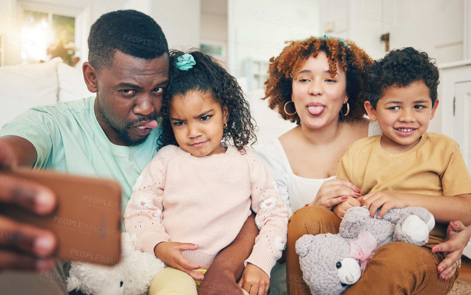 Buy stock photo Love, silly and selfie of happy black family bonding, relax or enjoy quality time together on Jamaica holiday. Youth children, parents and memory photo of crazy kids, mother and father on vacation