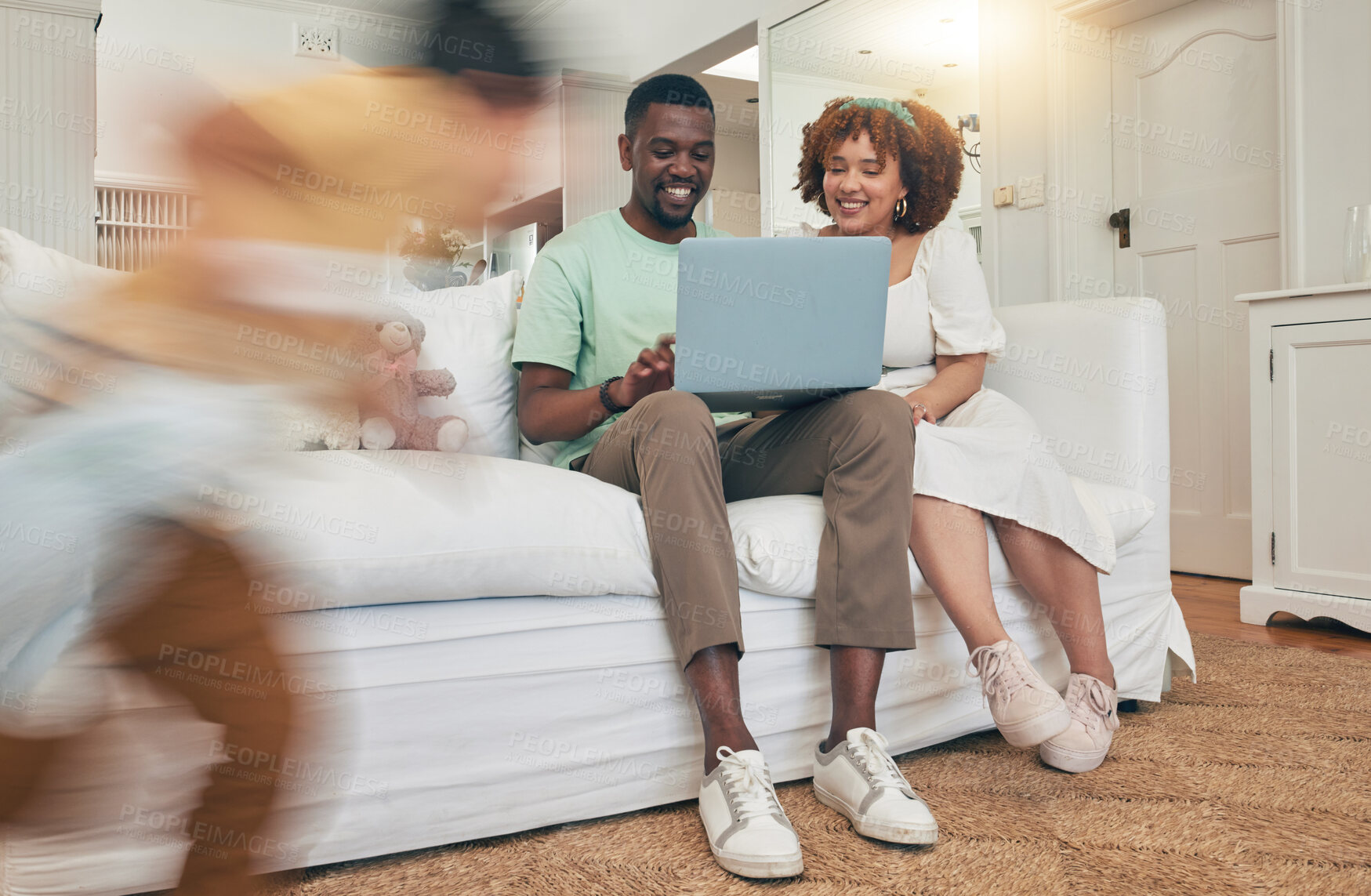 Buy stock photo Running, playing and family with a laptop in the living room for movie, streaming and show online. Interracial, happy and father and mother with a computer while children play with energy at home