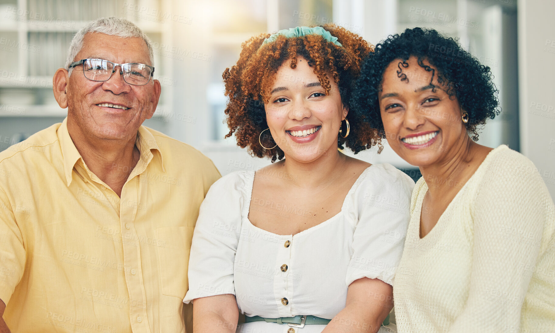 Buy stock photo Portrait, family and adult daughter bonding in home, having fun and smiling together. Love, care and happy grandmother, grandfather and woman smile in living room and enjoying holiday or vacation.