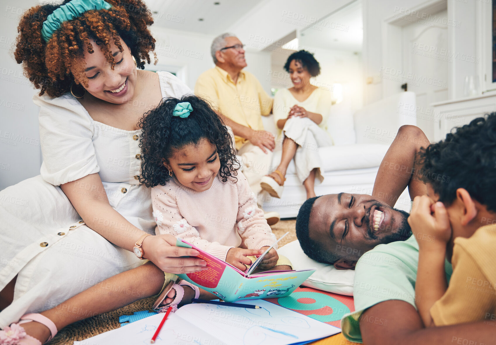 Buy stock photo Education, parents or children reading books to relax on weekend together at home as a happy family. Smile, storytelling mother or dad relaxing or talking to creative kids siblings for development