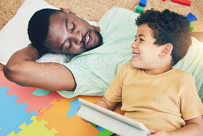 Buy stock photo Relax, father and boy on floor with tablet for playing, creative activity and fun learning with digital tech. Education, child development and dad and kid enjoy online game, internet and bond at home