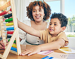 Learning, abacus and education with mother with son study for home schooling, kindergarten and tutor. Teaching, child development and lesson with black woman and child for colorful, math or creative 