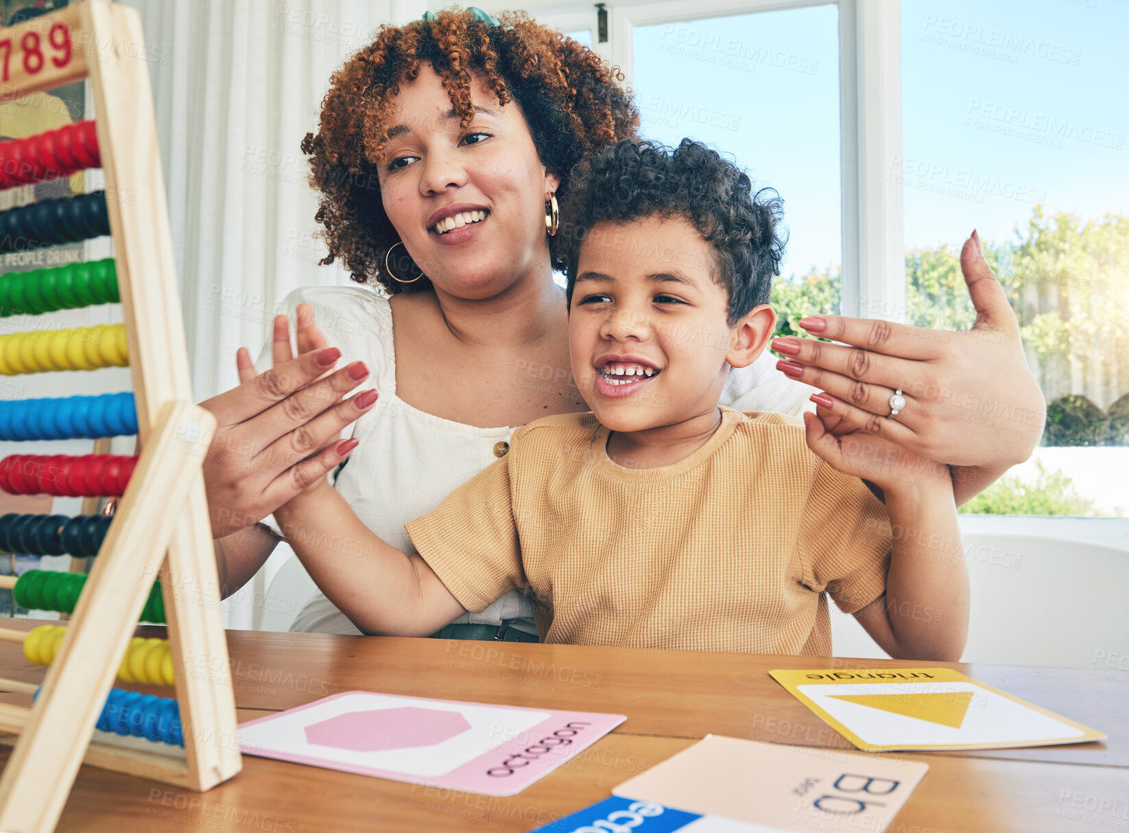 Buy stock photo Abacus, math and education with mother with son study for home schooling, kindergarten and tutor. Teaching, child development and lesson with black woman and kid for homework, learning or creative 