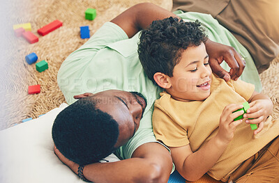 Buy stock photo Relax, father and boy on floor with toys for playing, creative activity and fun bonding in living room. Education, child development and kid enjoy building blocks, games and relax with dad at home