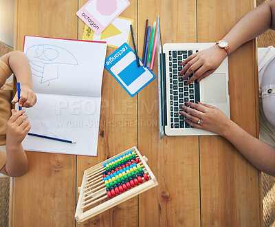 Buy stock photo Work from home family learning from above with child writing, drawing or kindergarten development. Mother hands typing on laptop, remote job opportunity and research for kid knowledge or creativity