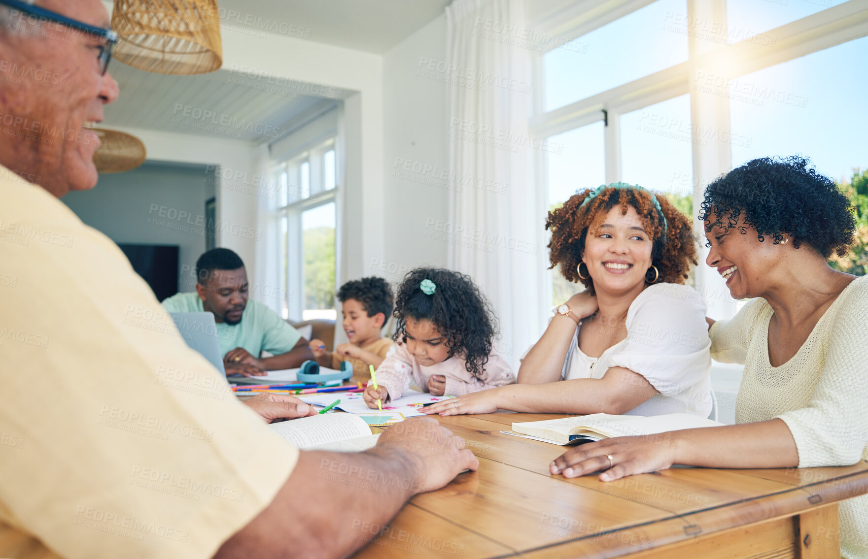 Buy stock photo Senior family talking, bonding and teaching children for home education, holiday fun and happy conversation. Biracial people or grandparents chat or having discussion of kids learning development