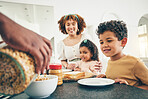 Love, breakfast cereal and happy black family children, mother and father eating meal, bonding and prepare ingredients. Morning food, hands and hungry mom, dad and young youth kids in home kitchen