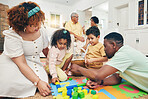 Family, parents and children on floor with toys for playing, creative activity and bonding at home. Education, happy and kids enjoy building blocks, games and relax with mom, dad and grandparents