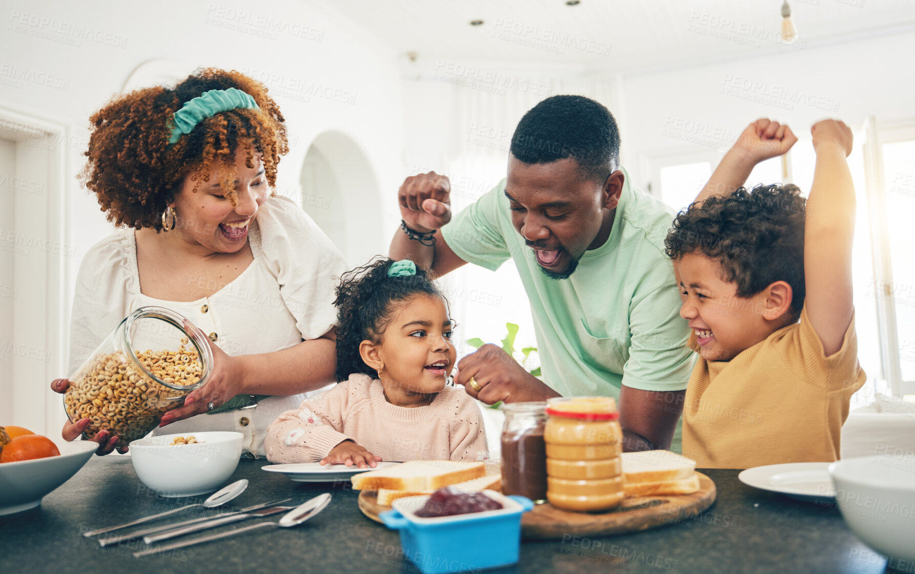 Buy stock photo Breakfast food, happy family and celebration with mother, dad and kids helping in the kitchen. Home, cereal and mama cooking with children and father smile together with happiness in morning 