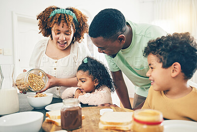 Buy stock photo Breakfast food, black family and parent care with mother, dad and kids helping in the kitchen. Home, cereal and mama cooking with kids and father smile together with happiness in the morning 