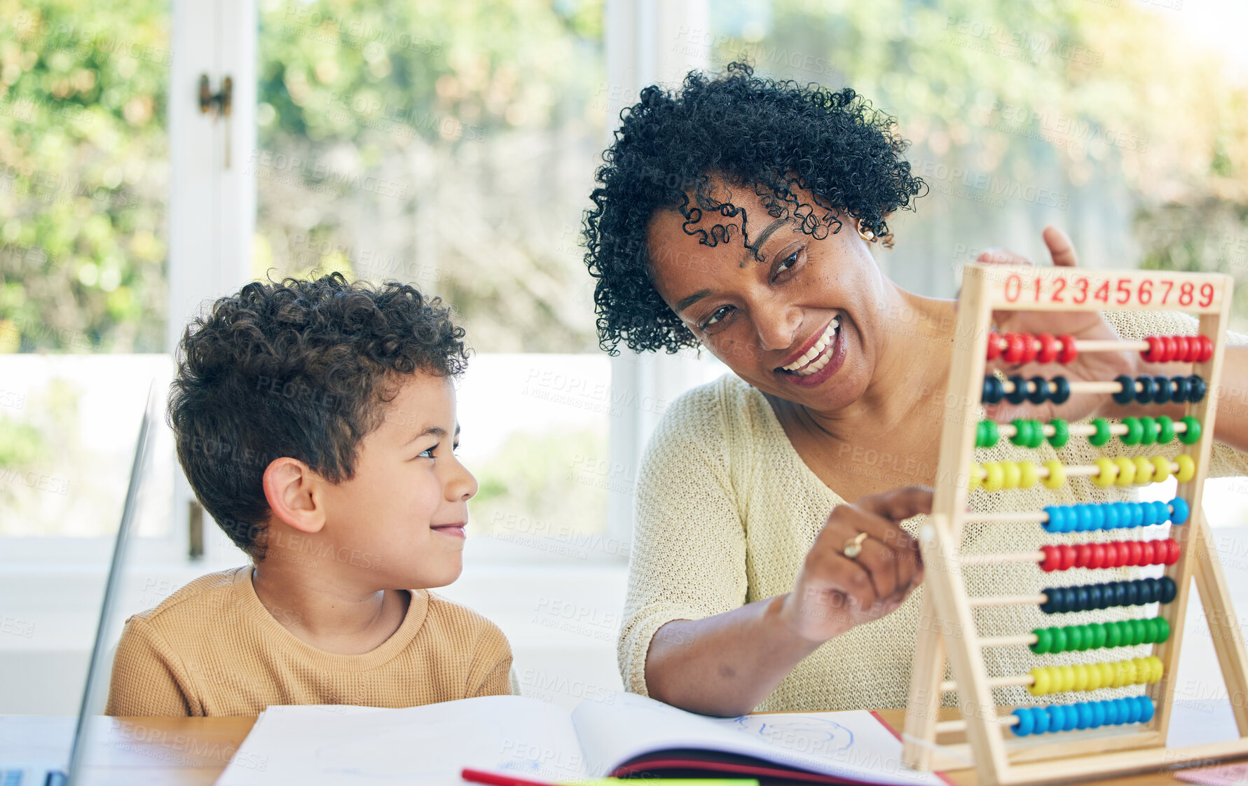 Buy stock photo Education, grandmother or child learning math for kindergarten school homework or abacus at home. Smile, counting or happy senior woman working or helping a smart young boy student with development 