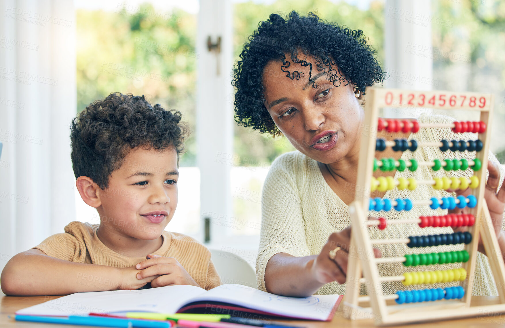 Buy stock photo Abacus, grandmother or boy learning math kindergarten homework or school education in house. Numbers counting or serious senior woman teaching or helping a smart young boy student with development