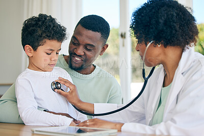 African dad, child and woman doctor with stethoscope in doctors office for health checkup on heart, lungs and breathing. Black man, son and pediatrician in healthcare checking kids asthma symptoms.