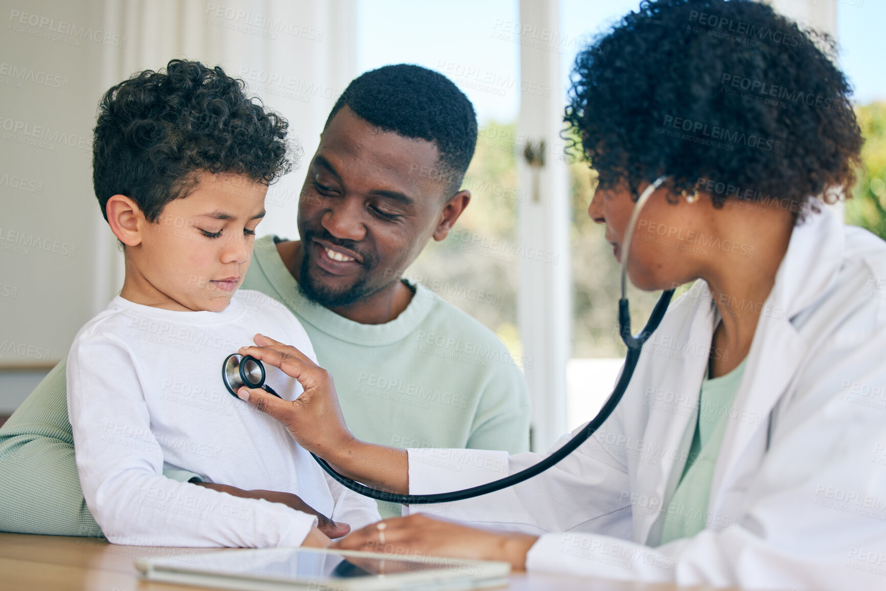 Buy stock photo African dad, child and woman doctor with stethoscope in doctors office for health checkup on heart, lungs and breathing. Black man, son and pediatrician in healthcare checking kids asthma symptoms.