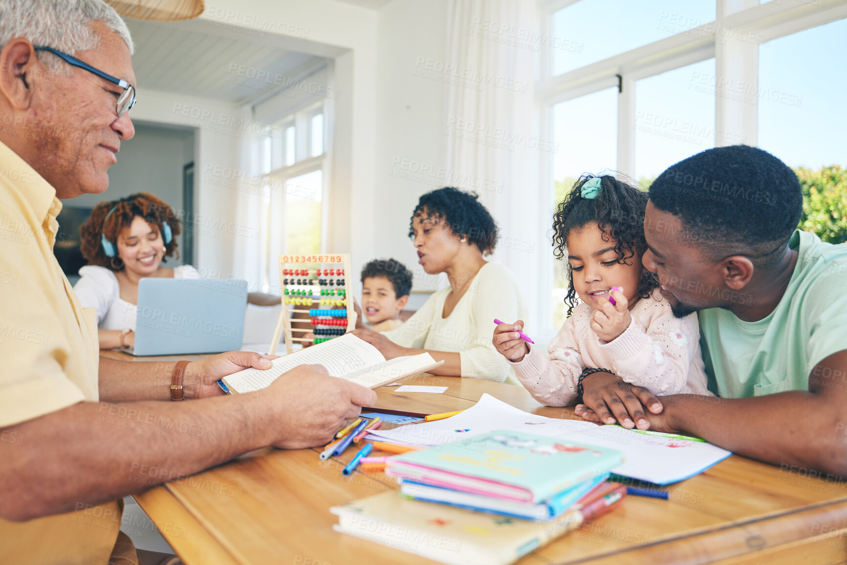 Buy stock photo Big family, learning and education for children at a table with parents and grandparents in their. Productive, kids and seniors with young mother and father bonding with educational activities