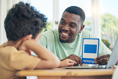 Buy stock photo Education, father or child learning shapes for kindergarten busy with homework or school project at home. Geometric, color or happy dad working or helping a creative boy student with development 