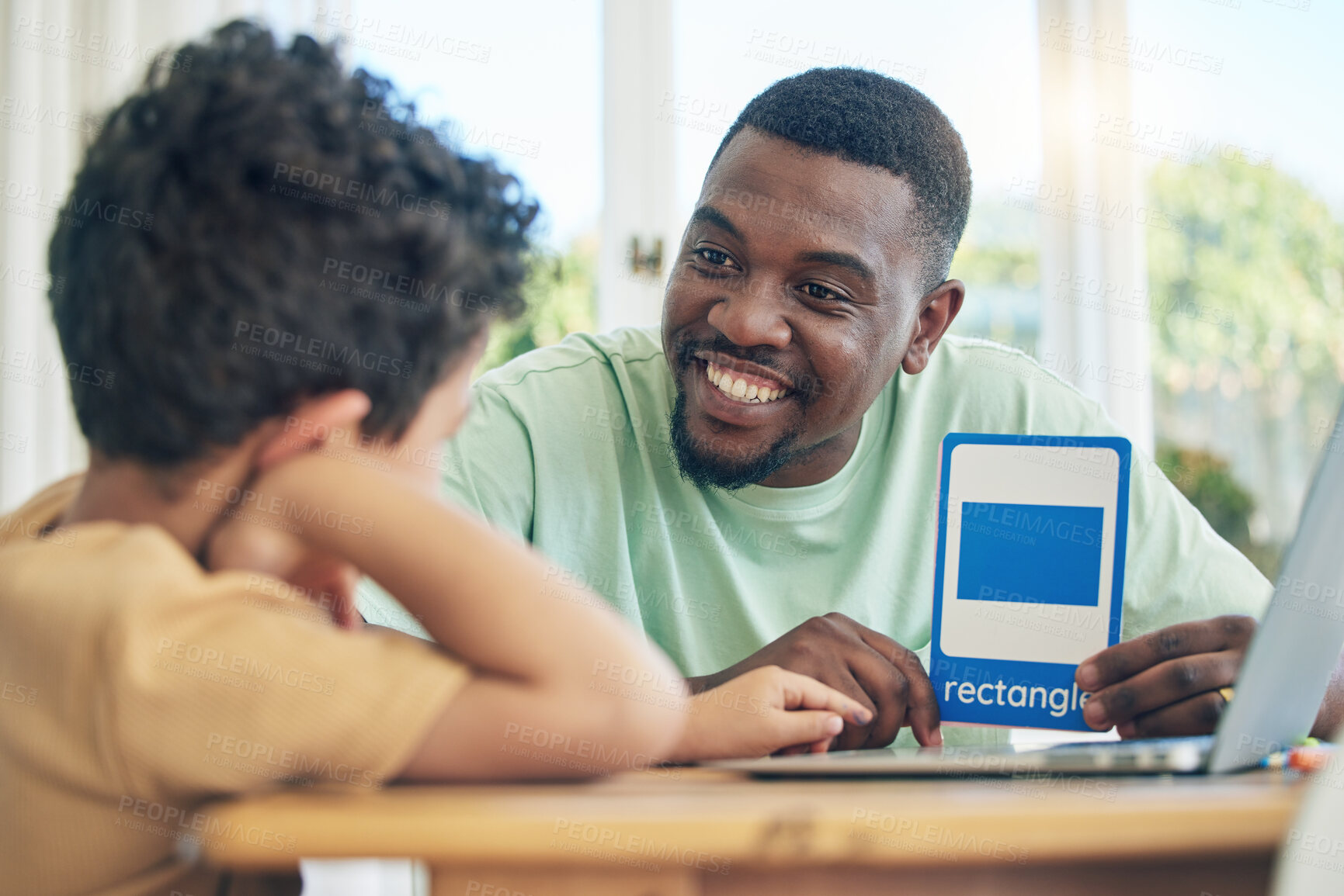 Buy stock photo Education, father or child learning shapes for kindergarten busy with homework or school project at home. Geometric, color or happy dad working or helping a creative boy student with development 