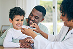 Father, boy child and optometrist for glasses, eye care and fitting frame with smile, happiness and healthcare. Black man, ophthalmologist woman or kid with frame, lens and happy for choice at clinic