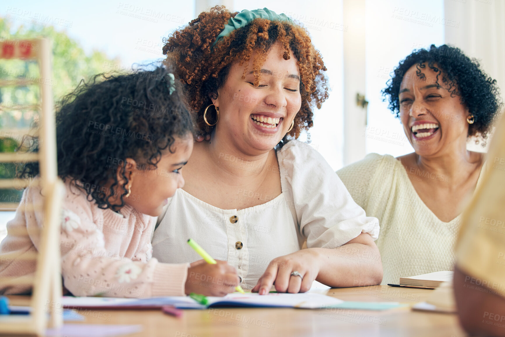 Buy stock photo Learning, laughing and mother, grandmother and kid in home, helping with homework and homeschool. Family education, comic and happy girl with funny grandma and mama teaching her drawing with book.