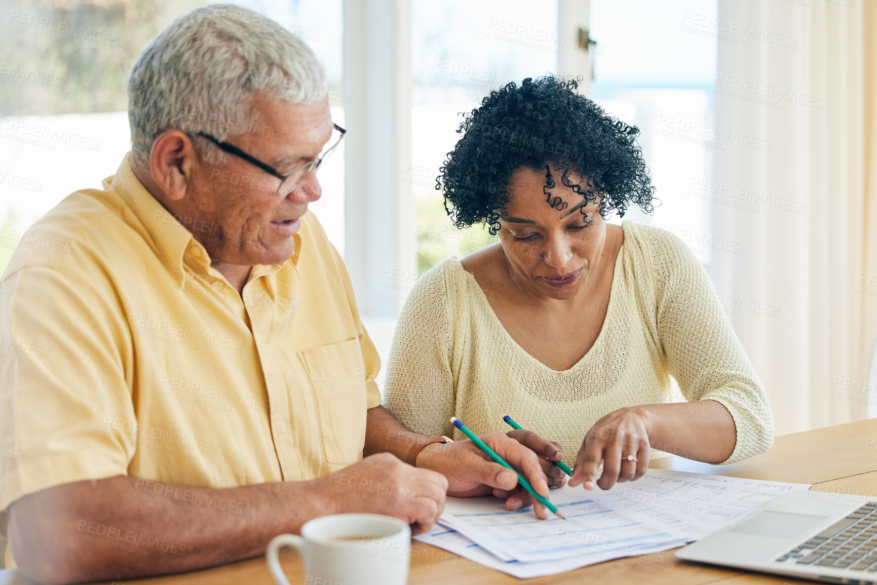 Buy stock photo Paperwork, budget and senior couple at home for retirement funds, investment planning or asset management together. Elderly people or woman and partner reading documents, financial loan or mortgage