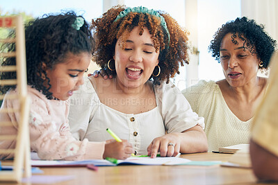 Buy stock photo Learning, drawing and mother, grandmother and kid in home, helping with homework and homeschool. Family education, development and happy girl with grandma and mama teaching her art with book in house