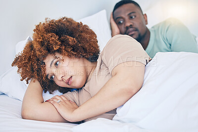 Buy stock photo Bedroom, couple conflict and sad black woman in morning after fighting, argument and relationship problem. Depression, dating and man and girl in bed with sexual frustration, infertility and stress