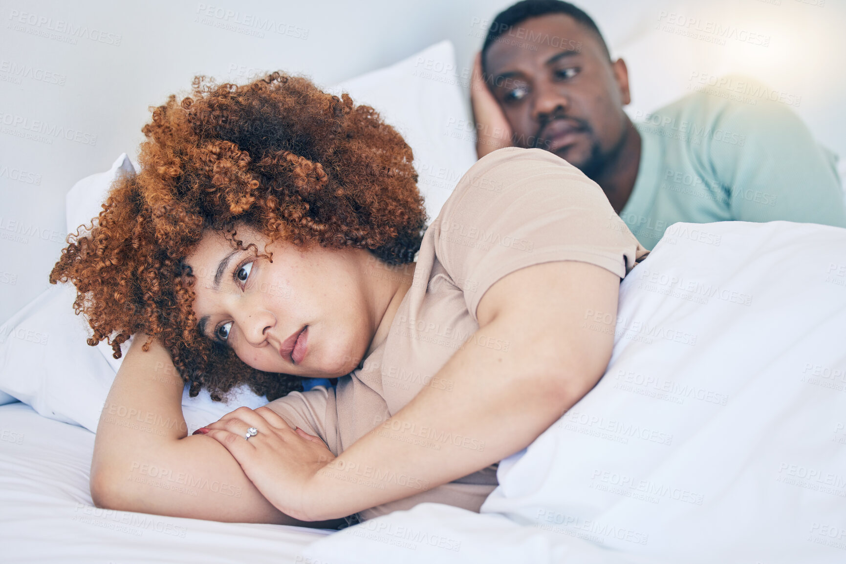 Buy stock photo Bedroom, couple conflict and sad black woman in morning after fighting, argument and relationship problem. Depression, dating and man and girl in bed with sexual frustration, infertility and stress