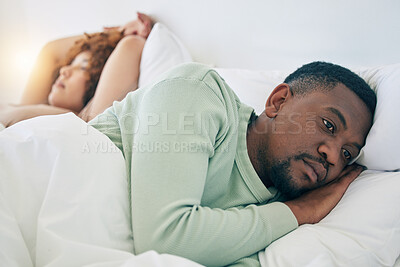 Buy stock photo Bedroom, couple conflict and sad black man in morning after fighting, argument and relationship problem. Depression, dating and male in bed with woman with sexual frustrated, infertility and stress