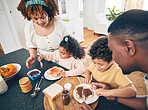 Love, lunch food and black family children, mother and father eating meal, bonding and prepare ingredients. Morning breakfast, kitchen counter or hungry mom, dad and young youth kids excited at home