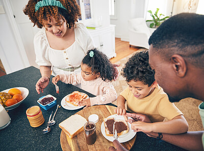 Buy stock photo Love, lunch food and black family children, mother and father eating meal, bonding and prepare ingredients. Morning breakfast, kitchen counter or hungry mom, dad and young youth kids excited at home