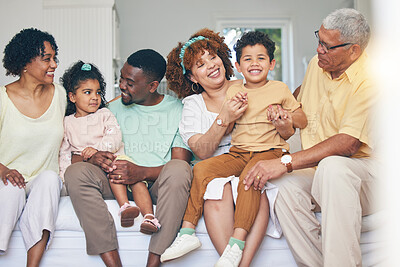 Buy stock photo Family, home and living room sofa of a mother, father and children with happiness. Happy, grandparents and bonding of a mom, dad and young kids together having fun with parent love and support