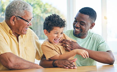 Buy stock photo Black family grandfather, child and father playing, having fun and enjoy time together in Angola home. Bonding, love and happy African generation of kid son, grandpa and dad tickling laughing boy